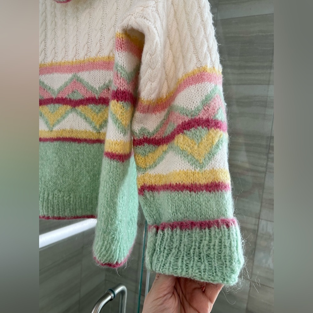 Vintage Cable-Knit cowl neck Sweater with Pastel Pattern size L/XL - Picture 4 of 4